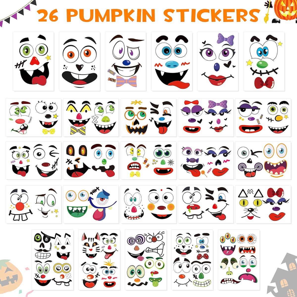 26 Pack Halloween Pumpkin Stickers - 56 Fun and Classic Pumpkin Expressions, Perfect for Pumpkins and Squashes, Halloween Party Decorations, Make Your Own Jack O'Lantern Face Decals