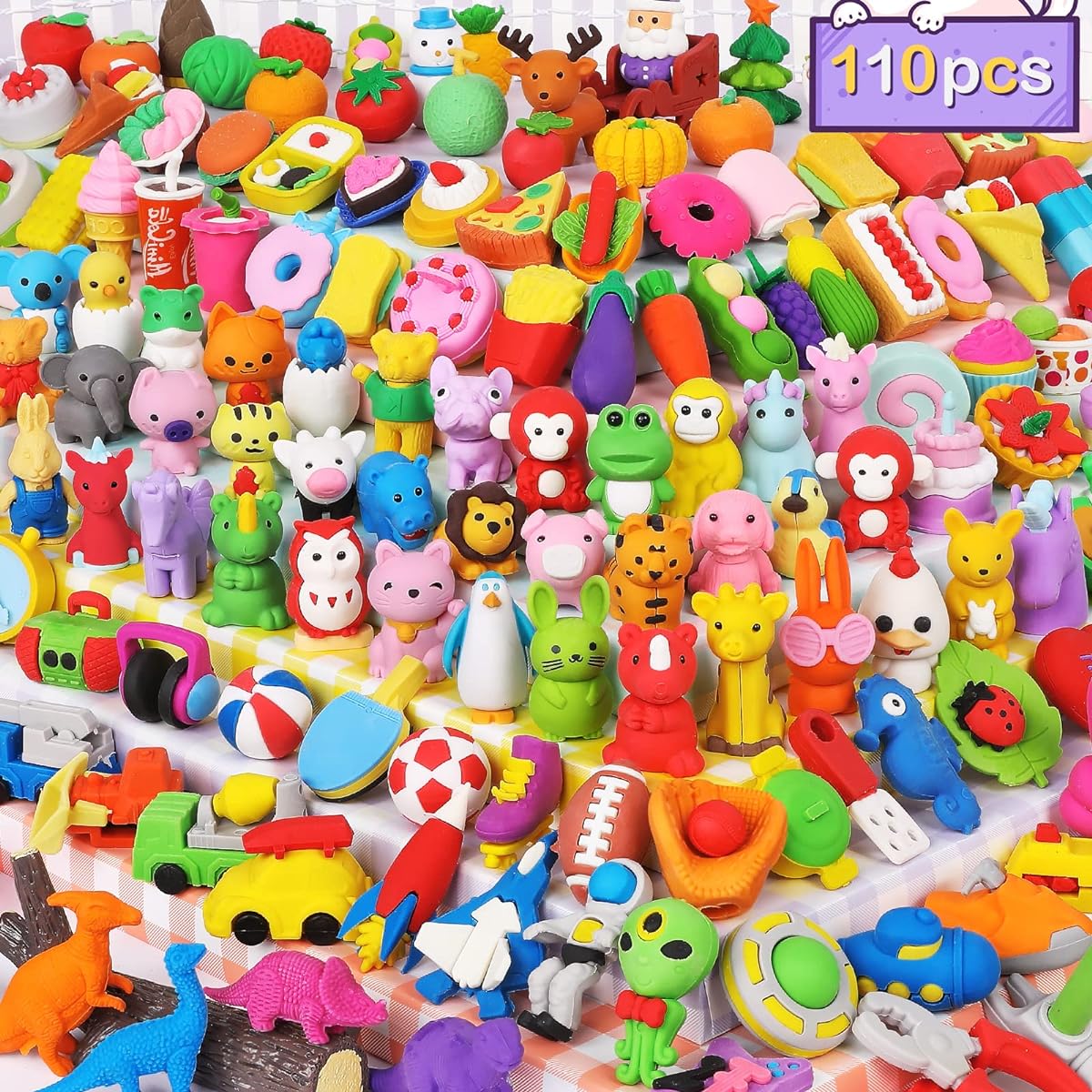 Arscniek 110 Pack Animal Erasers for Kids Bulk Cute Desk Pets Treasure Chest Toys Classroom Prizes Rewards Mini Pencil Erasers Disassemble Erasers Back to School Supplies Gifts for Boys/Girls