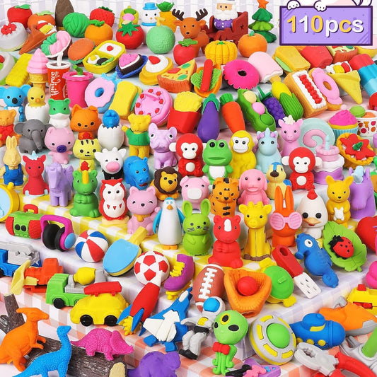 Arscniek 110 Pack Animal Erasers for Kids Bulk Cute Desk Pets Treasure Chest Toys Classroom Prizes Rewards Mini Pencil Erasers Disassemble Erasers Back to School Supplies Gifts for Boys/Girls