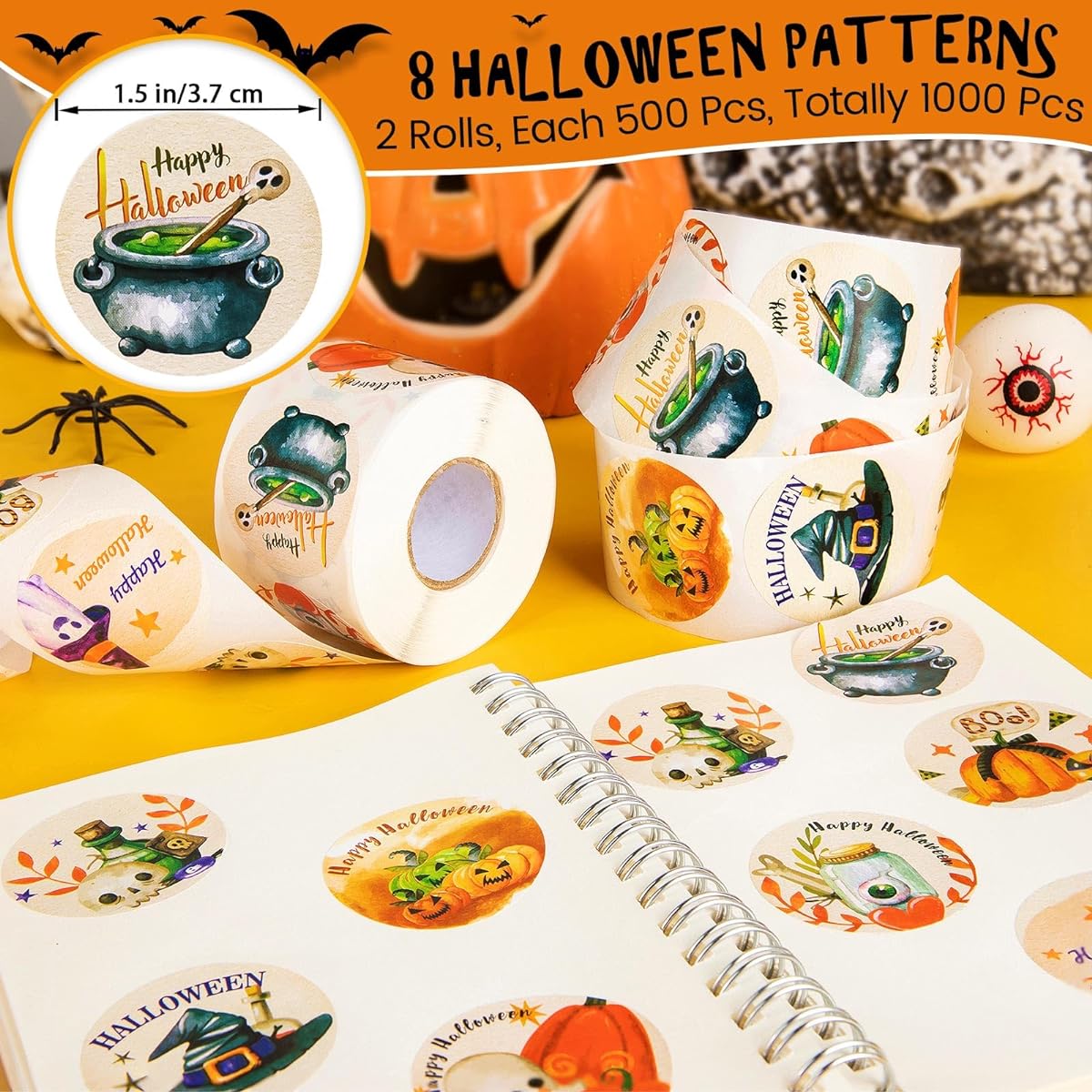 Halloween Roll Stickers - 2 Rolls of 1000 Pieces - 8 Unique Spooky Patterns - Great for Crafts, Decorating, Scrapbooking - Celebration Party Favors for Kids and Adults - Vibrant and Durable Adhesive Stickers for Pumpkins, Treat Bags, Invitations