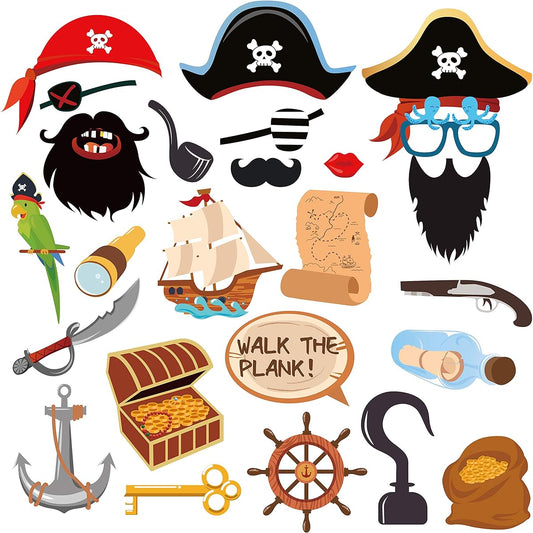 25ct Pirate Photo Booth Props on Stick Treasure Hunt Navigation Theme First Birthday Party Supplies Pirates of the Caribbean Theme Backdrop Decorations