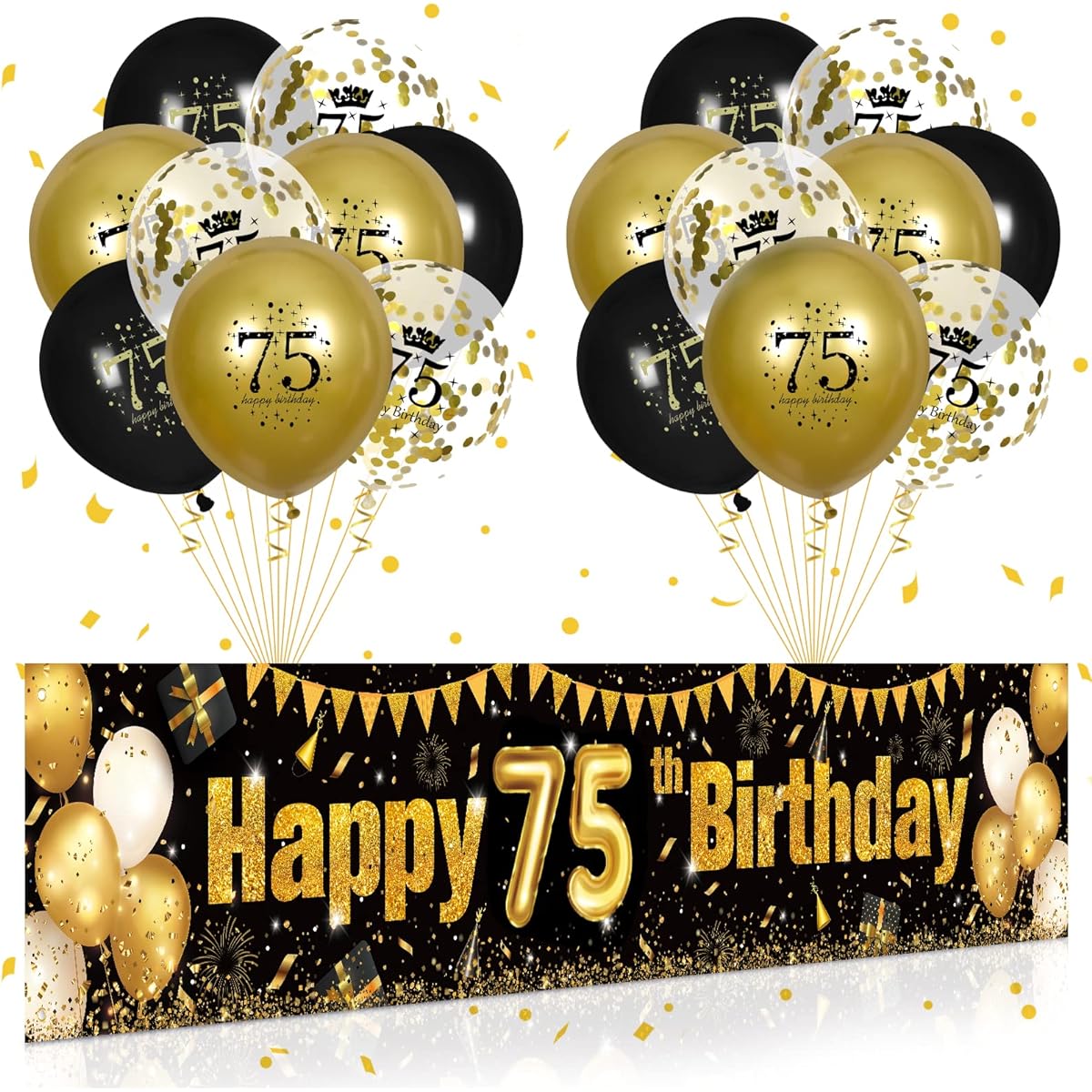 Black Gold 75th Birthday Decorations for Men Women Black & Gold Birthday Yard Banner Sign with 18 75th Birthday Balloons, 75th Anniversary Birthday Party Supplies, Outdoor Yard Decor