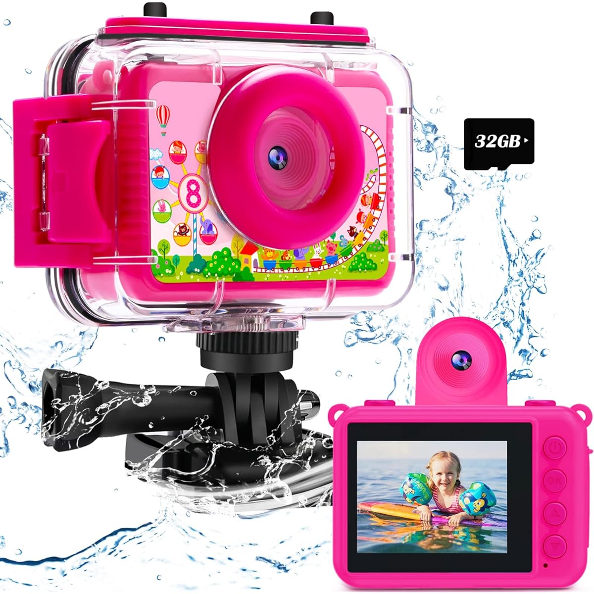 AILEHO Waterproof Camera for Kids Girls Gift - 3-14 Years Old Kids Camera Underwater 180° Rotatable 1080P Digital Action Camera Selfie Camcorder Outdoor Birthday Gift for Girls Kids Camcorder Recorder