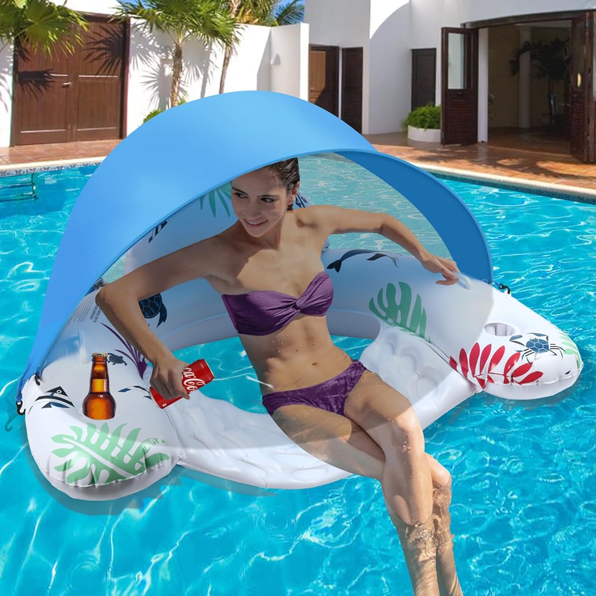 Sinbyuer Inflatable Lounge Pool Chair with Canopy, Adult Lounge Float with Adjustable Sun Shade Cover and Cup Holder