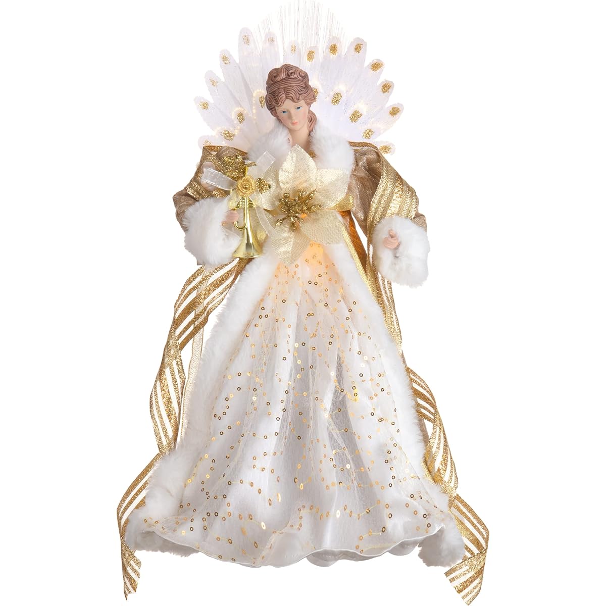 Valery Madelyn 18" Gold and White Christmas Angel Tree Topper Pre-Lighted Angel Tree Top with 10 Warm LED Lights for Christmas Tree Decorations, Battery Operated (Not Included)