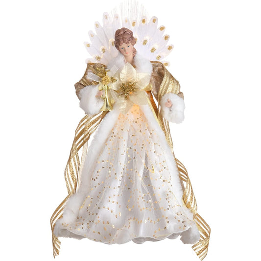 Valery Madelyn 18" Gold and White Christmas Angel Tree Topper Pre-Lighted Angel Tree Top with 10 Warm LED Lights for Christmas Tree Decorations, Battery Operated (Not Included)
