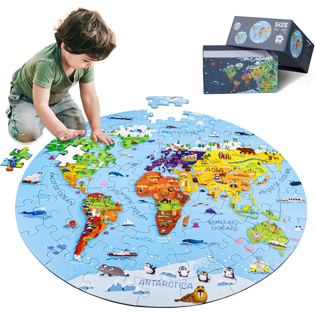 DIGOBAY World Map Jigsaw Puzzle for Kids Age 4-8 70 Pieces Globe Large Round Floor Puzzle for 3-5 Years Old Toddlers Puzzle Geography Game Educational Toy Birthday Gift for Children