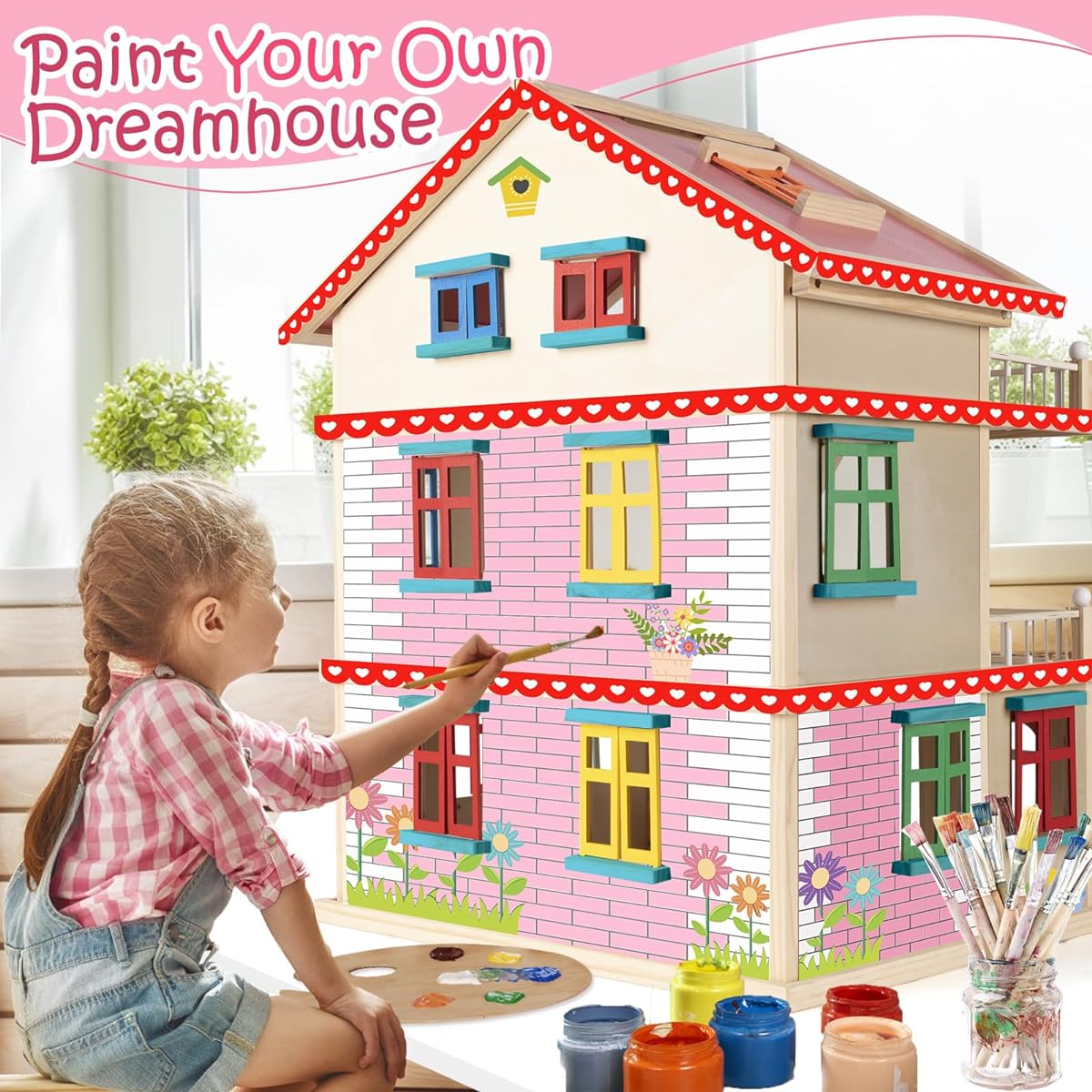 Large Wooden Dollhouse Furniture and Accessories Set, Playhouse with Accessories, Pretend Play, Gifts and Toys for 3, 4, 5, 6, 7, 8 Year Olds