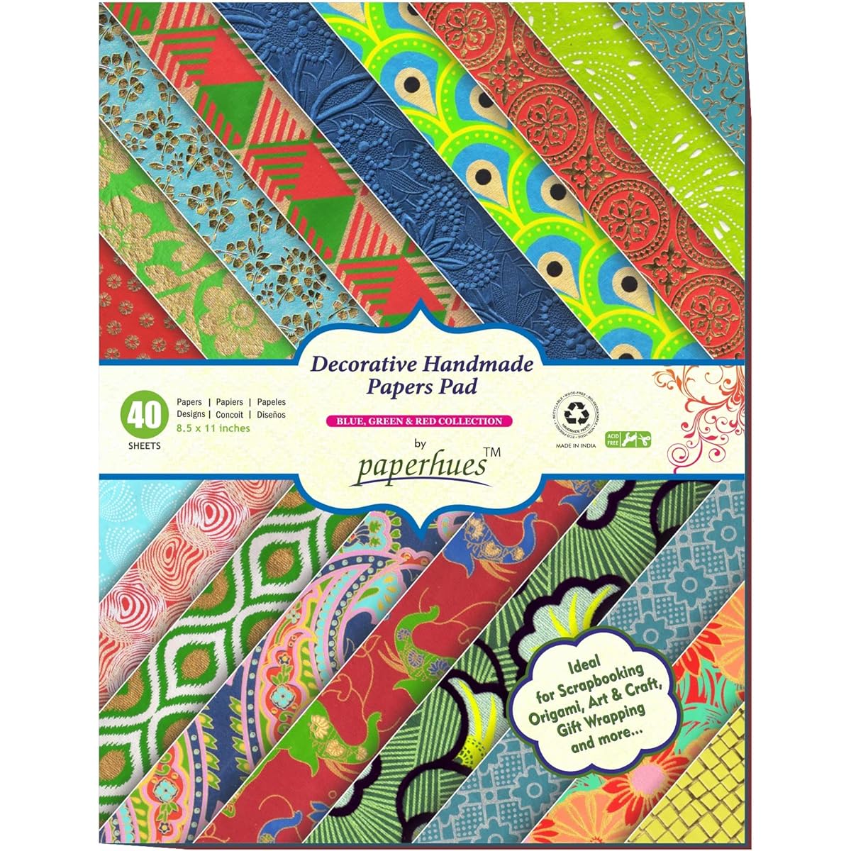 Paperhues Blue Green Red Celebration Collection Handmade Scrapbook Paper 8.5x11 inch Pad of 40 Sheets