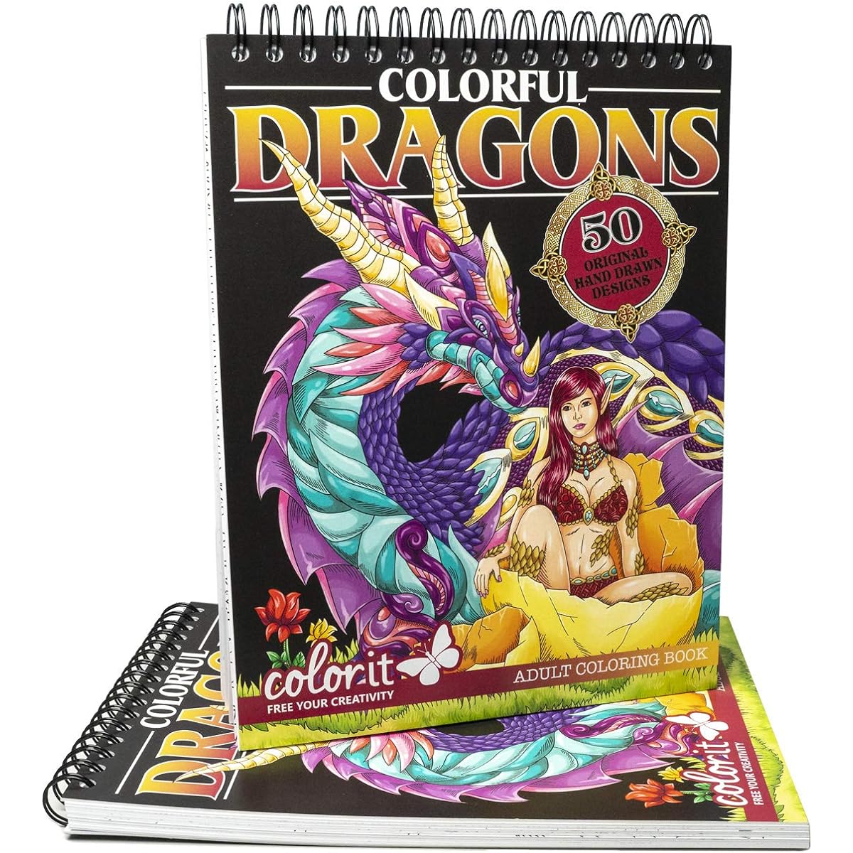 ColorIt Colorful Dragons Adult Coloring Book - 50 Sheets, Single Sided Design, Thick Smooth Paper, Layflat Hardcover, Spiral Bound, USA Print, Color from the Dragon Pages (Volume I)