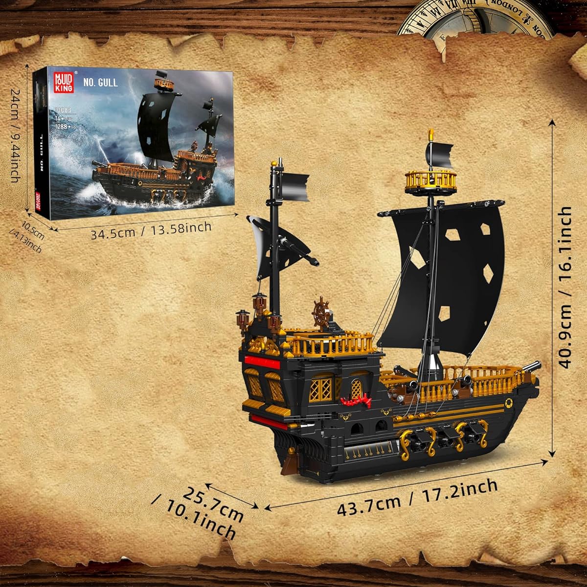 Mold King 13083 Pirate Ship Building Toy Set for Kids Ages 8+ Adults 1288 Piece Pirate Ship Blocks Building Set Building Gift for Boys and Girls