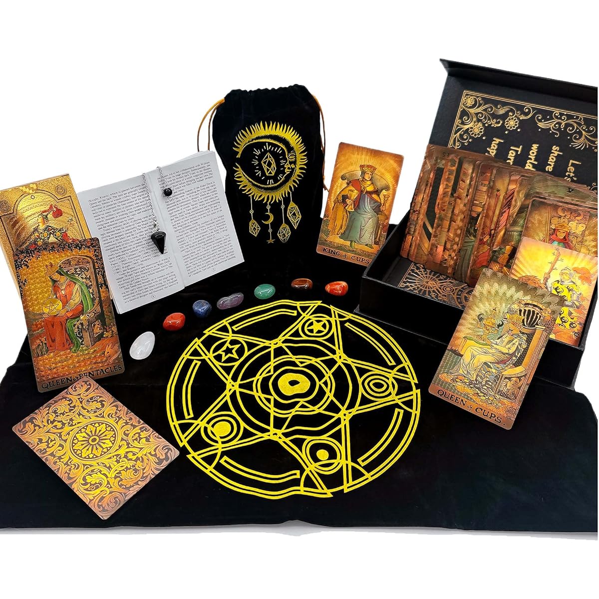 KLKOKVKE Tarot Card Set for Beginners with Guidebook Meaning PVC Waterproof Card Holder Table Mat with 7 Chakra Stones and Crystal Pendulum (Golden 05)