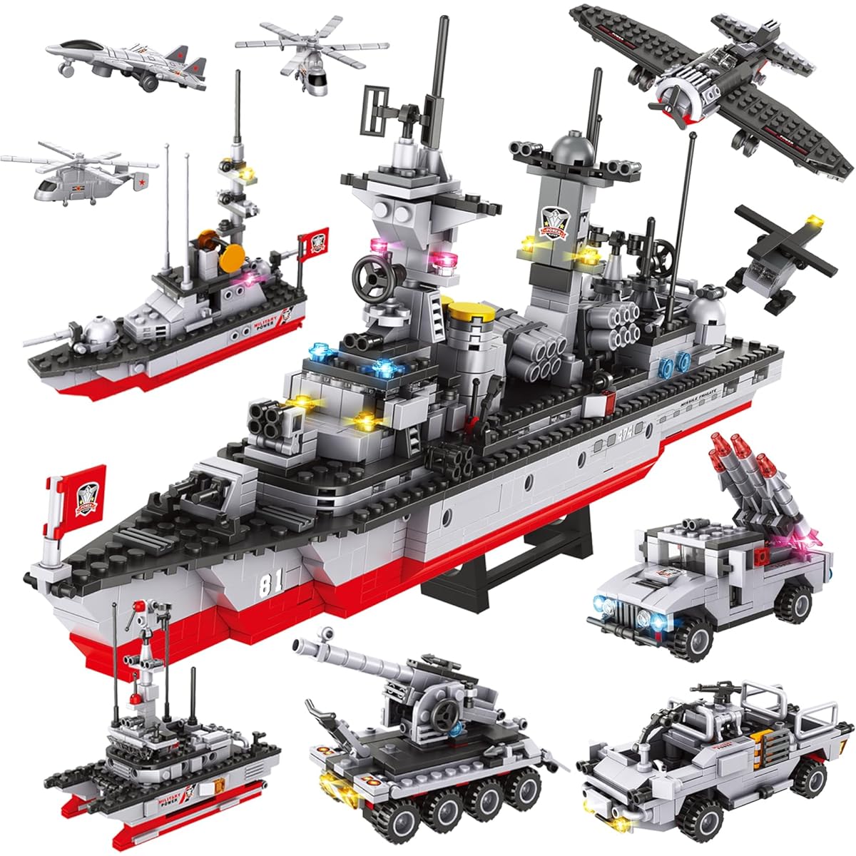 WishaLife 6 in 1 Urban War Military Battleship Building Set Army Vehicle Airplane Boat Military Toys for Children Boys Girls Ages 6+ (1296 Pieces)