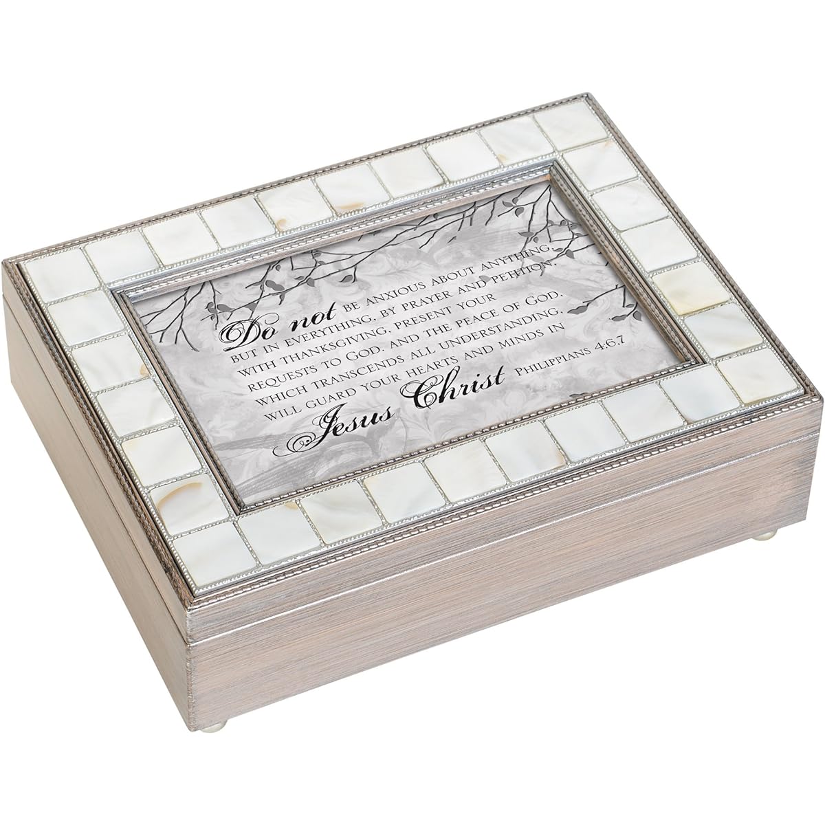 Pearl Antique Grey Keepsake Music Box with "Do Not Be Anxious" Message Plays Eagle's Wings Customizable