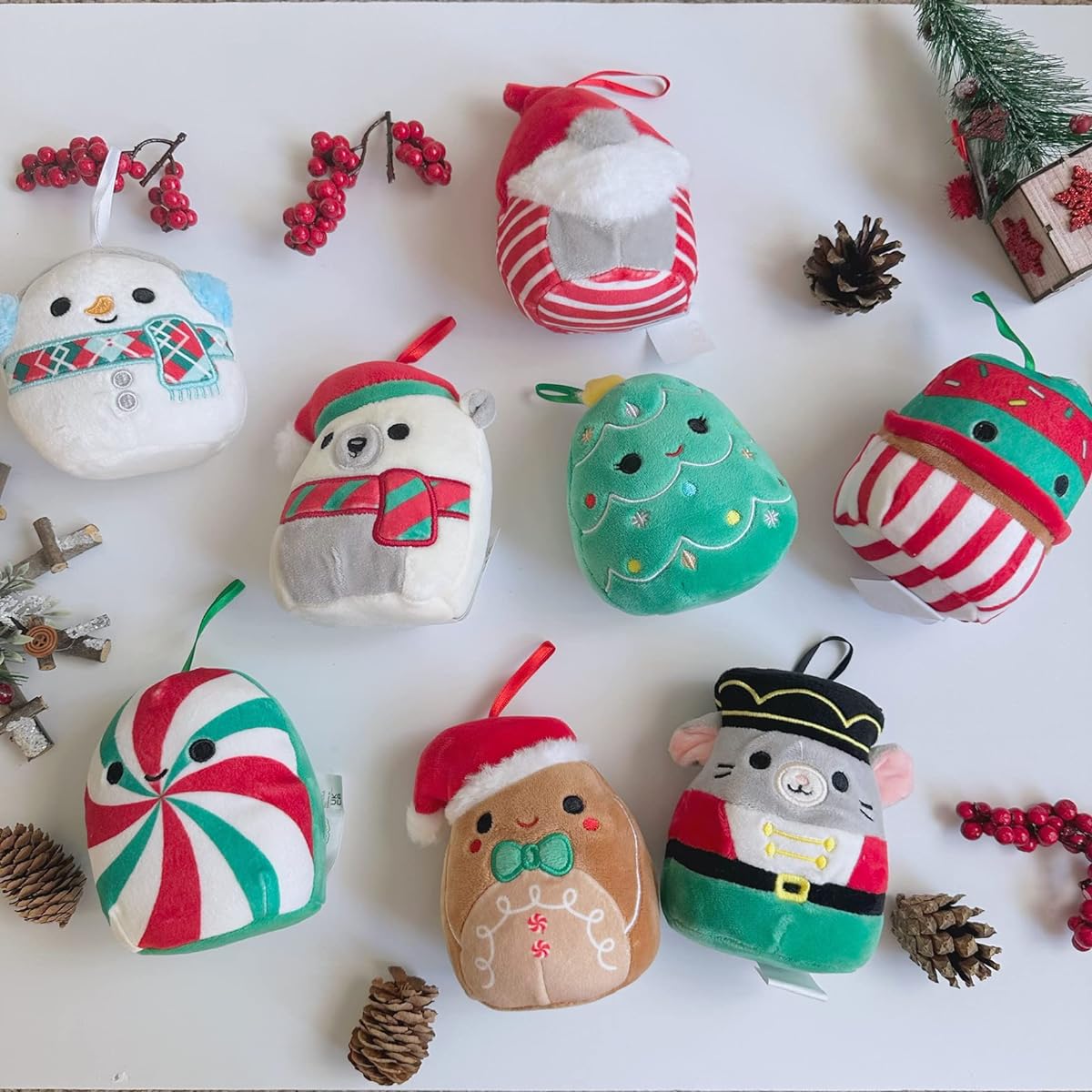 Holiday Ornament Set - 8 Pack 4" Soft and Furry Plush Toys with 2 Stickers (Classic Collection)