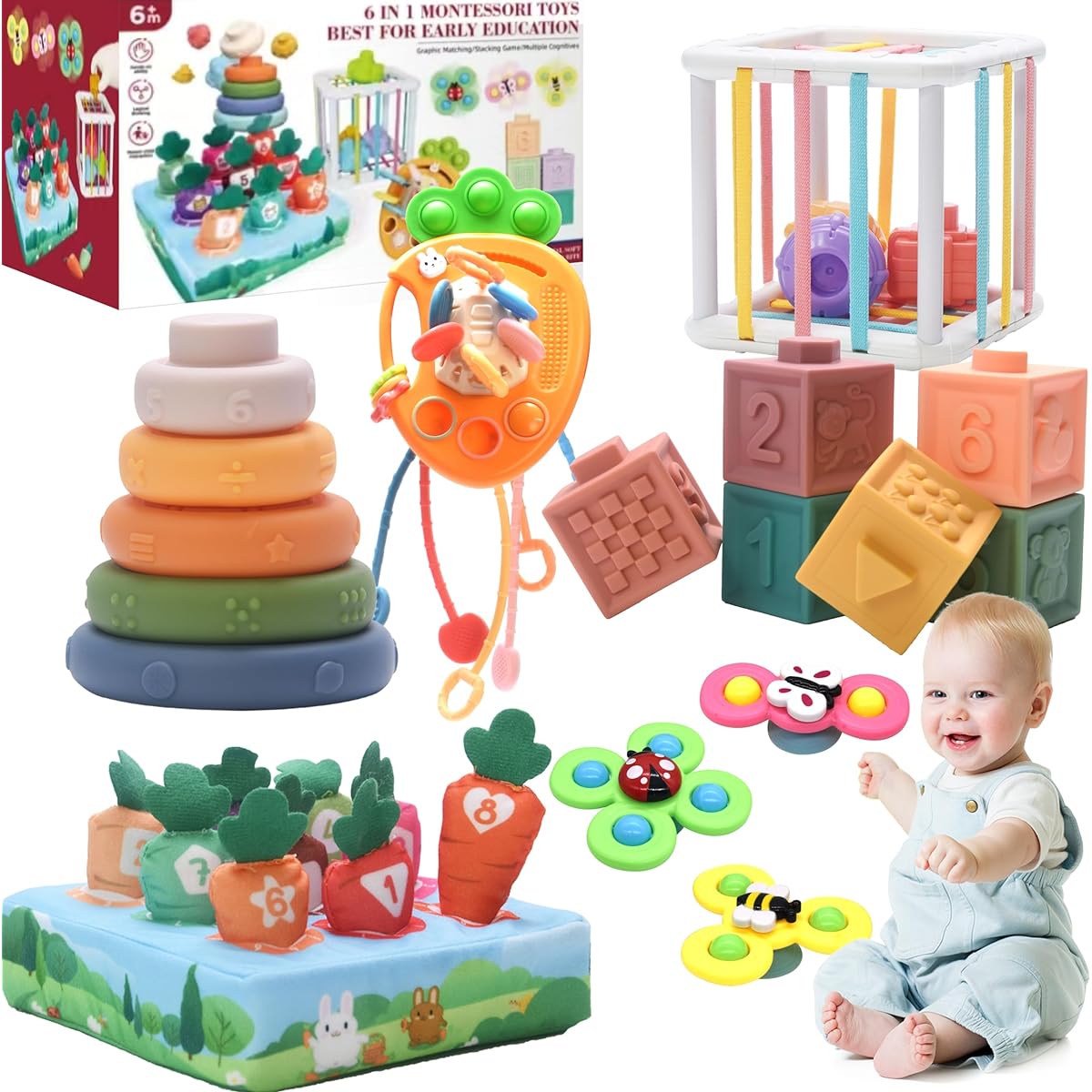 FLLOBE Baby Toys for 6-12 Months, Montessori Toys for 1-3 Years Old, 6-in-1 Set, Baby Bath Toys, Stacking Toys, Sensory Toys, Pull String Toys, Gifts for Toddlers (6-in-1 Baby Toy Set)