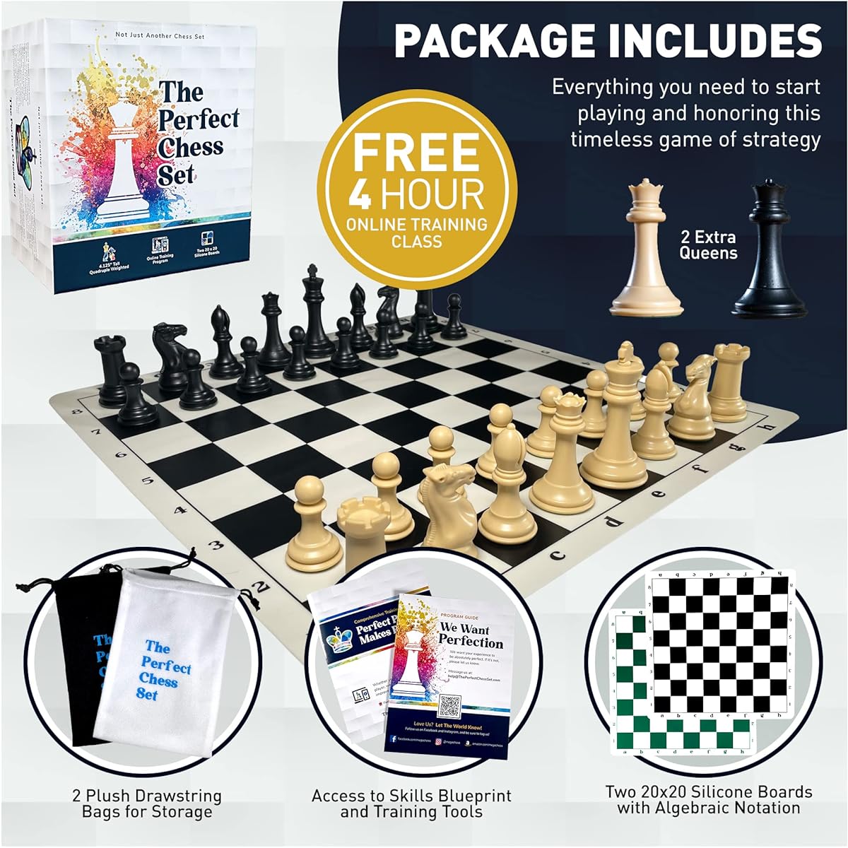 Perfect Chess Set Tournament Chess Set Includes Two 20" x 20" Foldable Silicone Boards, 4x Staunton Pieces, Carry Box and Bag, Classic XL Super Heavyweight Edition