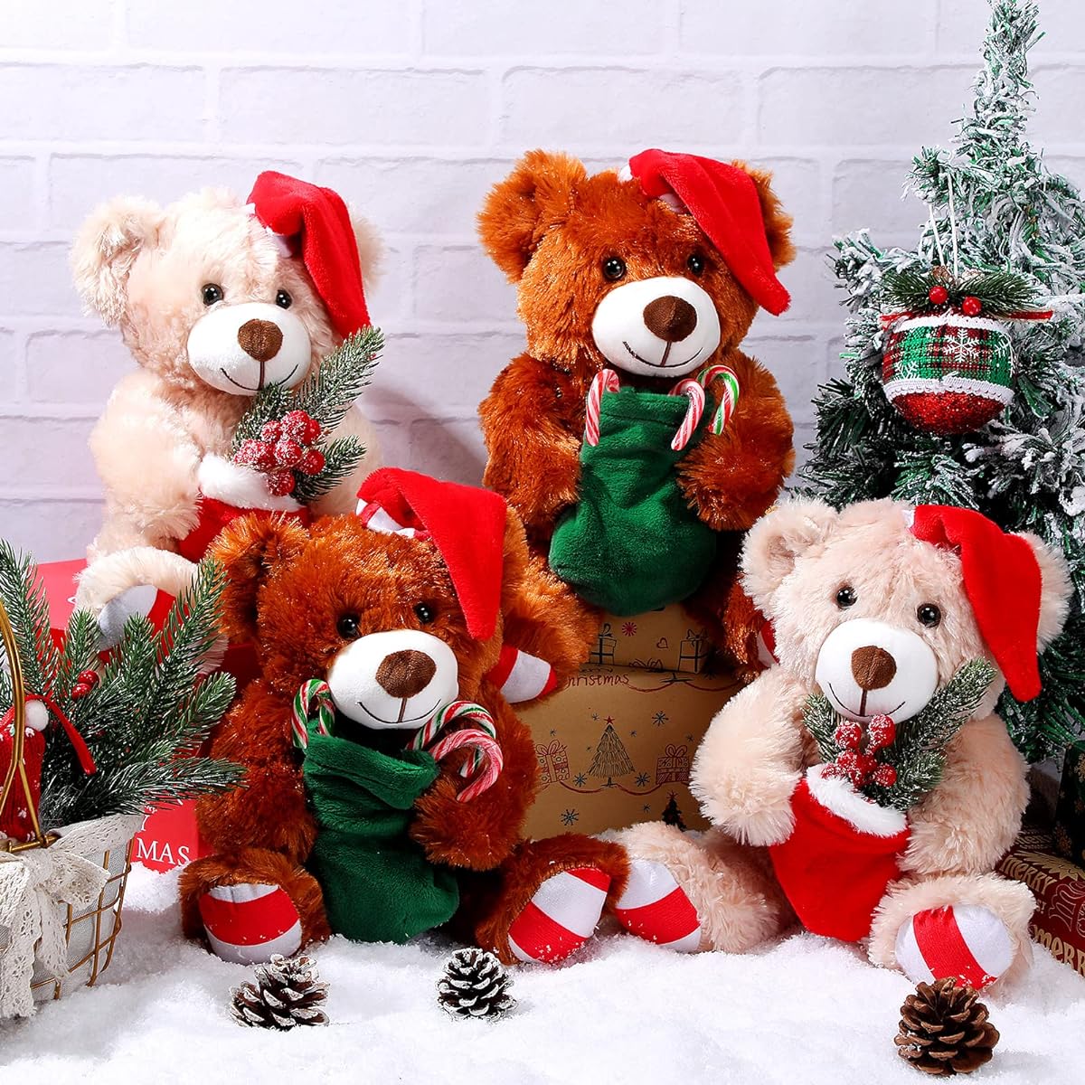 Civaner 4 Pack 14" Christmas Bear Plush Toys Cute Soft Bears Bulk Buy for Girls Boys Girlfriends (Light Brown, Dark Brown, Santa Style)