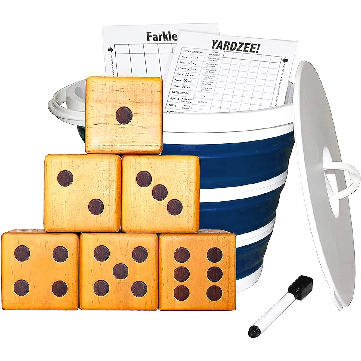 Jungle Jim's Kingdom Yard Game for Adults - Farkle & Yardzy Outdoor Game with 6 Giant Wooden Dice - Blue