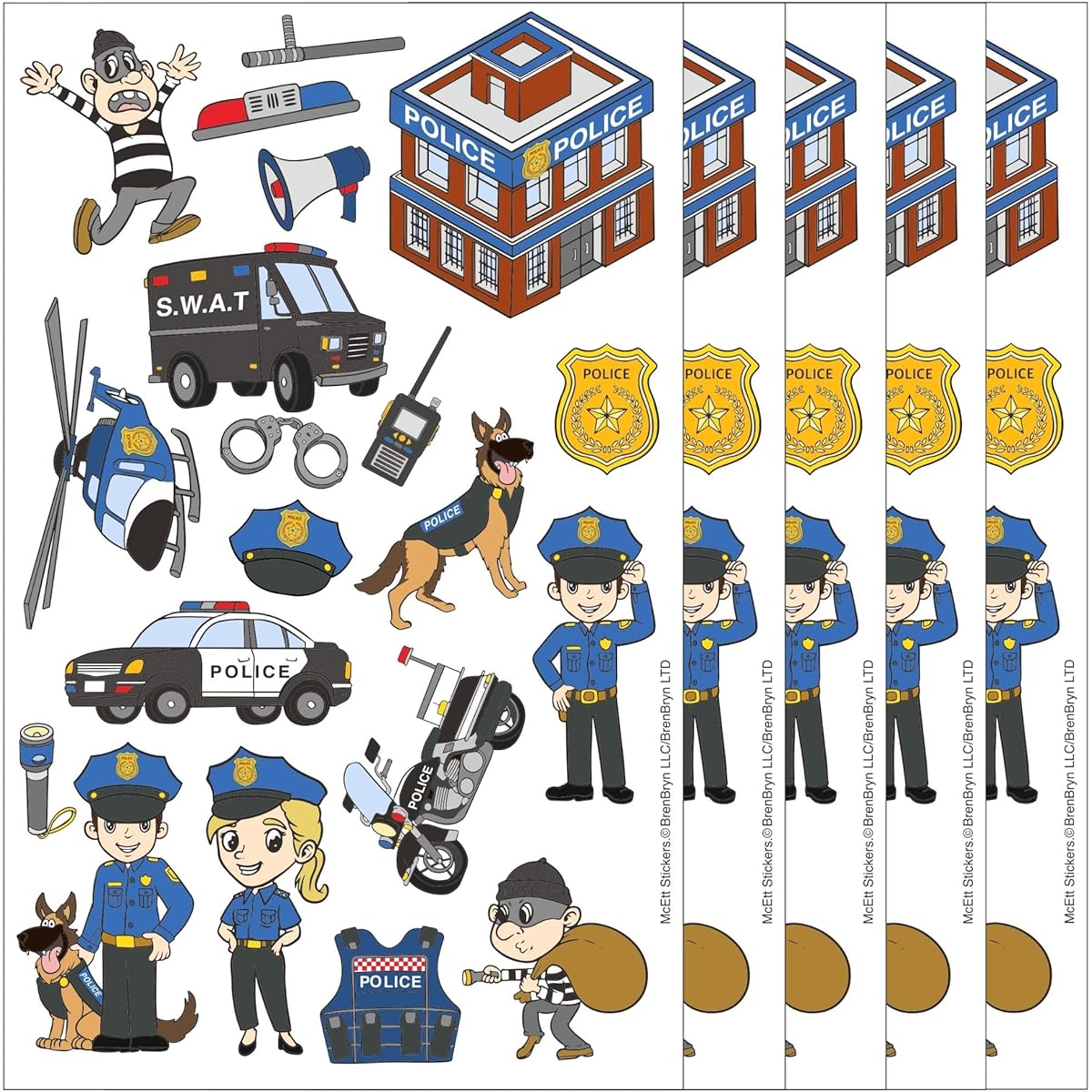 McEtt Police Sticker Sheets - Cute Police Officers & Police Car Stickers for Kids, Toddlers, Students - 5 Pack (100 Stickers) - Birthday Party Favors, Classroom