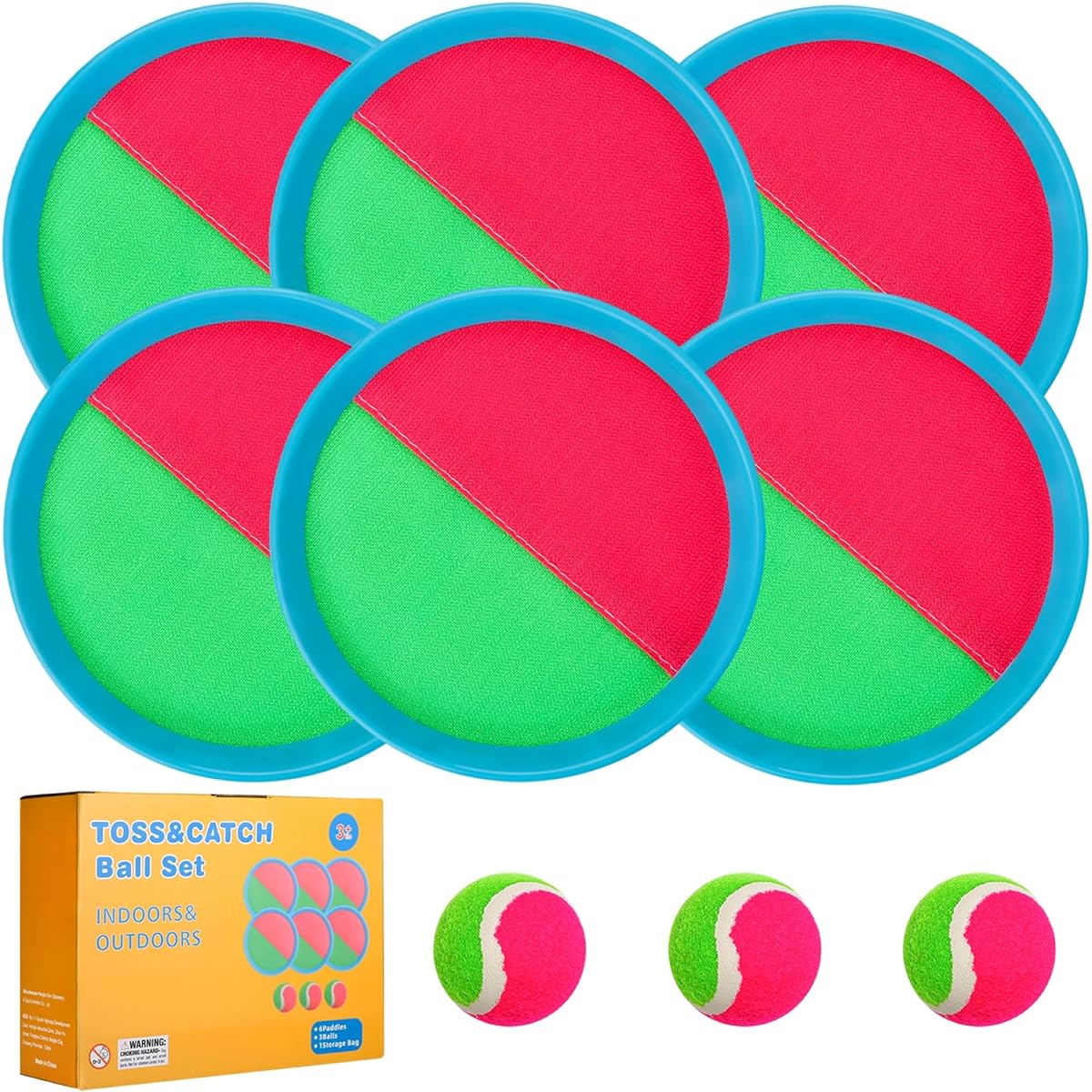 Throw and Catch Game Set with 6 Paddles, 3 Balls and 1 Storage Bag for Backyard Kids, Adults and Families