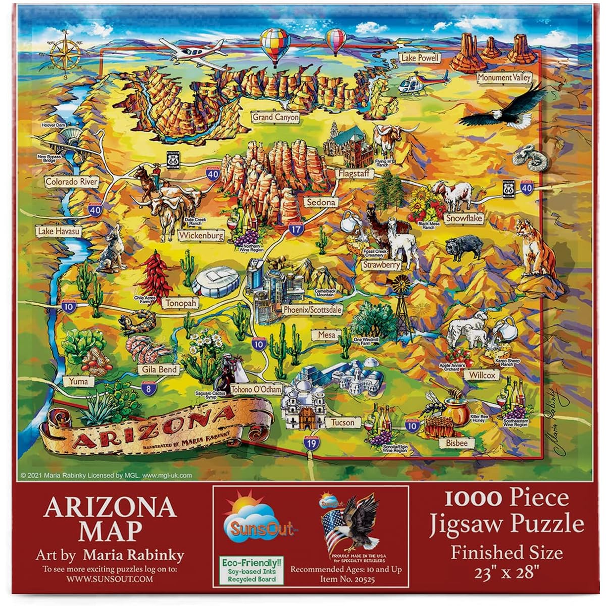 SUNSOUT INC - Arizona Map - 1000 Piece Jigsaw Puzzle Artist: Maria Rabinky - Finished Size 23" x 28" - MPN# 20525