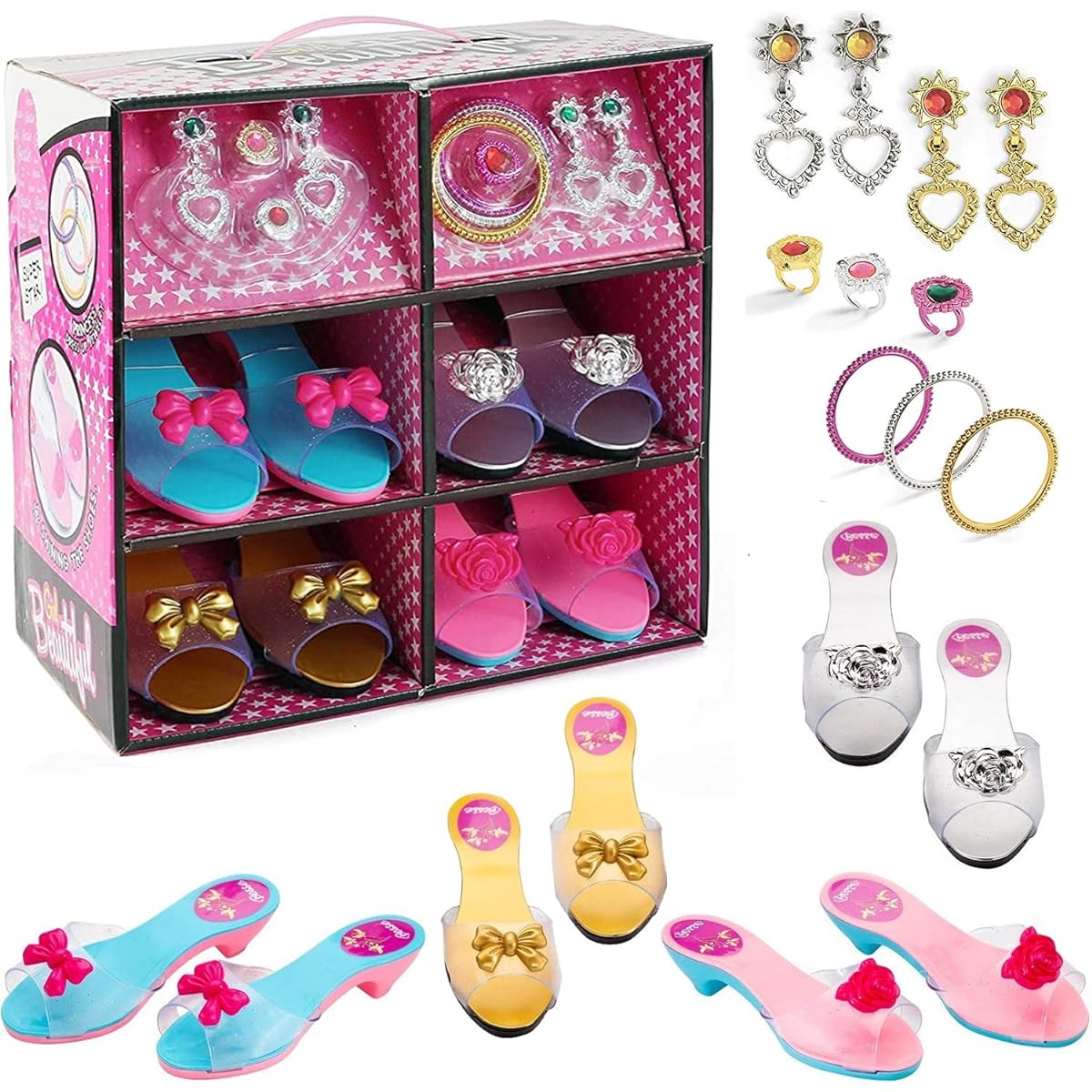 Princess Dress Up & Play Shoe and Jewellery Boutique (Includes 4 Pairs of Shoes + Fashion Accessories)