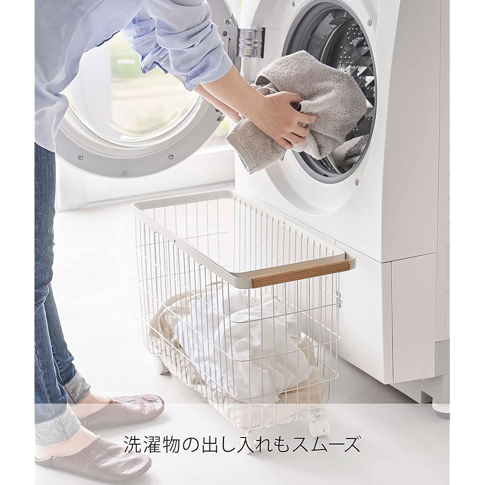Yamazaki Jitsugyo Laundry Basket with Casters Wide & Low White Approx. W55.5 x D25 x H37.5cm (When using handle: Approx. H66cm) Tosca Tosca Smooth loading and unloading Just the right height Laundry basket 6629