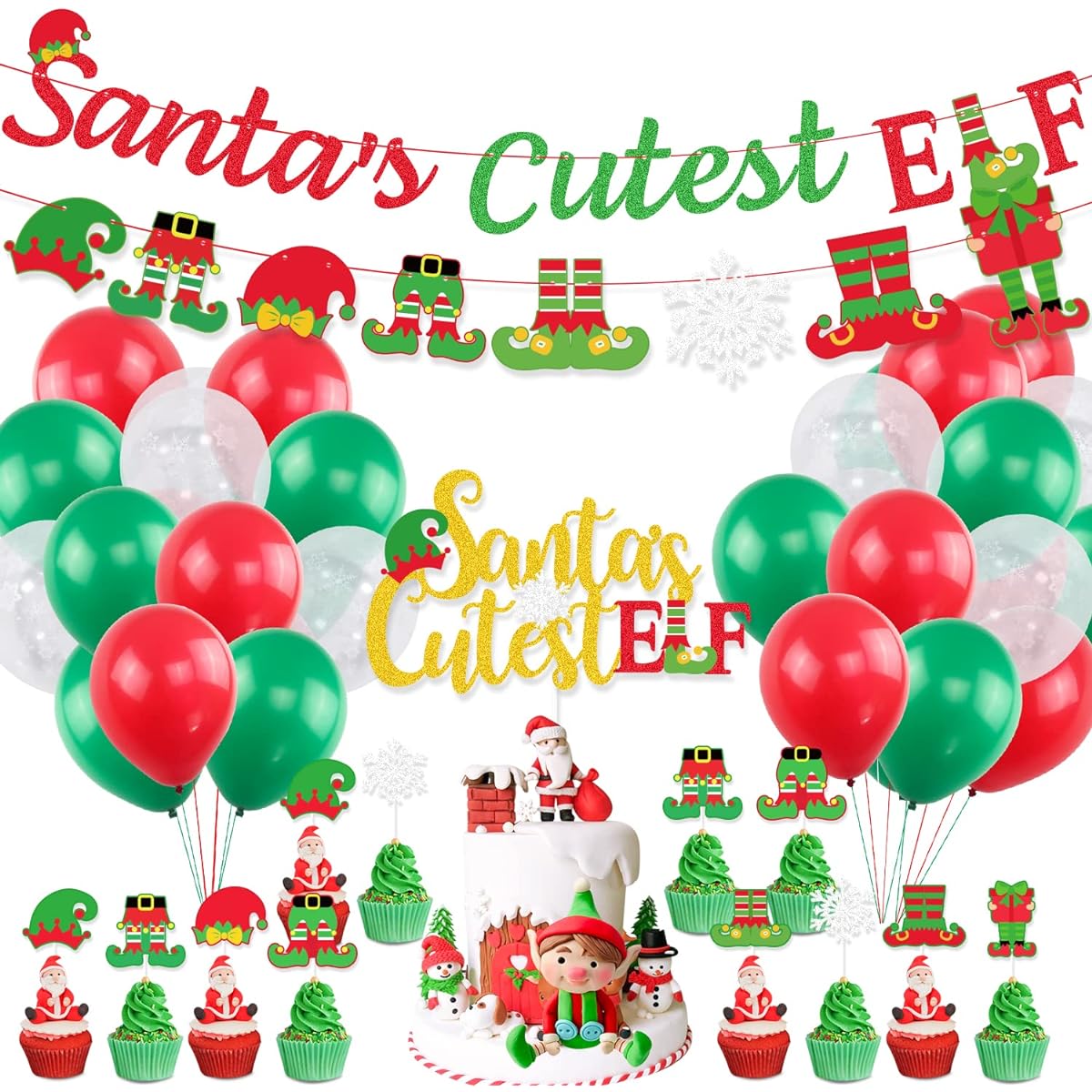 K KUMEED Elf Christmas Decorations Santa's Cute Elf Party Banner Snowflake Cake Topper Latex Balloons Christmas Party Supplies Christmas Decoration