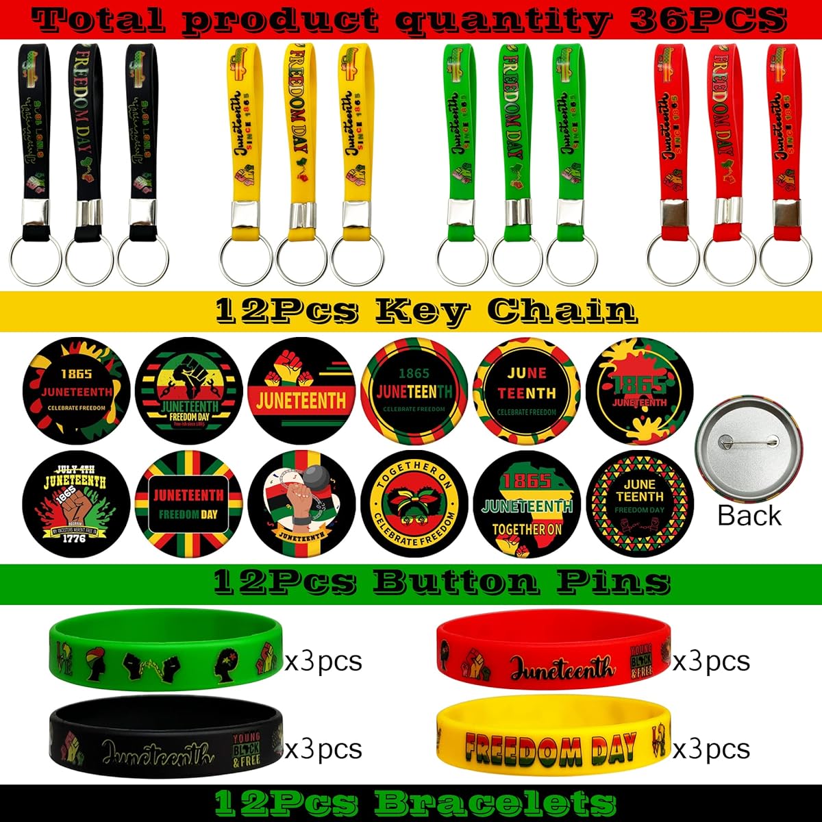 Juneteenth Party Favors Juneteenth Button Pin 36 Pack Juneteenth Rubber Wristbands Juneteenth Rubber Keychains for Freedom Day Goodie Bags African American Juneteenth Party Supplies Decorations