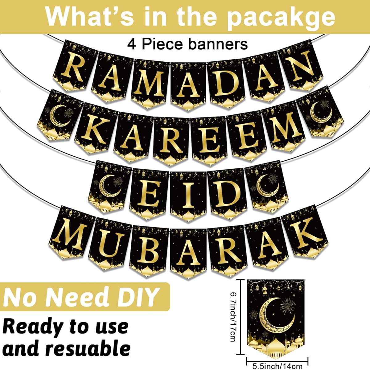 Ramadan EID Banner Party Decorations Black Gold Moon Lantern Ramadan Mubarak Hanging Bunting EID Mubarak Hanging Banner Party Supplies Home Wall Door Fireplace Mantle Ramadan EID Party Favors