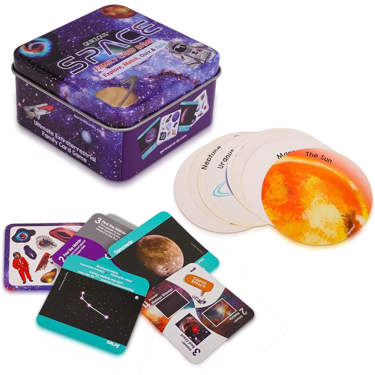 QURIOUS SPACE - 4 STEM space card games! Explore, Match, Quiz & Spin through the Universe! 90 double-sided, full-color