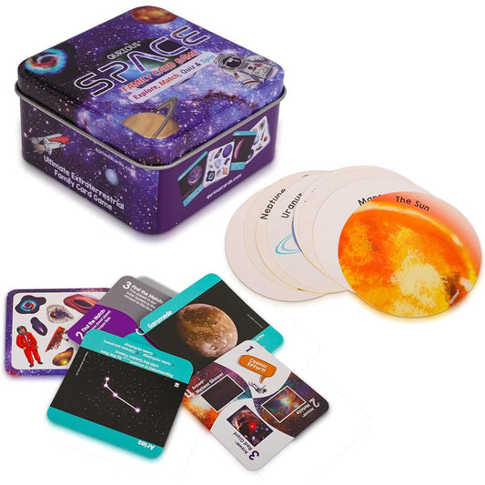 QURIOUS SPACE - 4 STEM space card games! Explore, Match, Quiz & Spin through the Universe! 90 double-sided, full-color