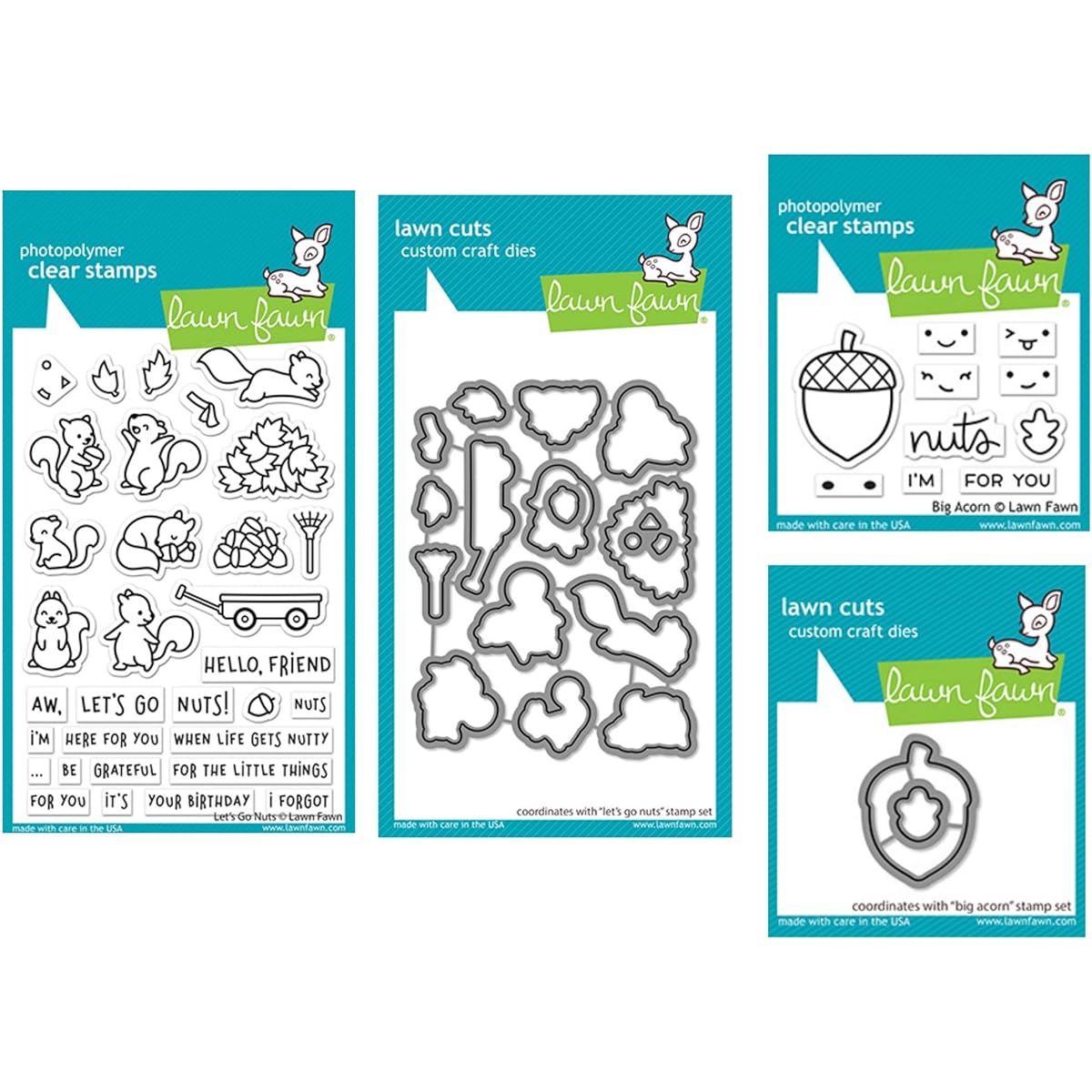 Lawn Fawn Lets Go Nuts and Big Acorn Clear Stamp Set (2) Coordinating Die Set (2) 4 Piece Set LF2403 LF2404 LF2407 LF2408