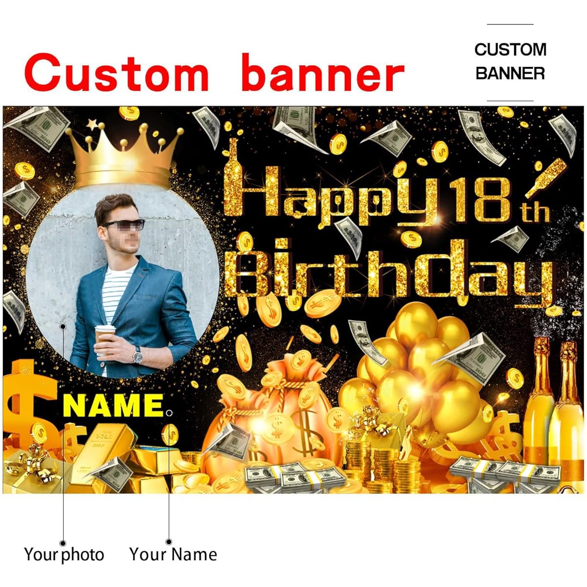 Custom Dollar Money Black and Gold 18th Birthday Party Decorations Supplies Personalized Dollar Money Black and Gold 18th Birthday Background Banner