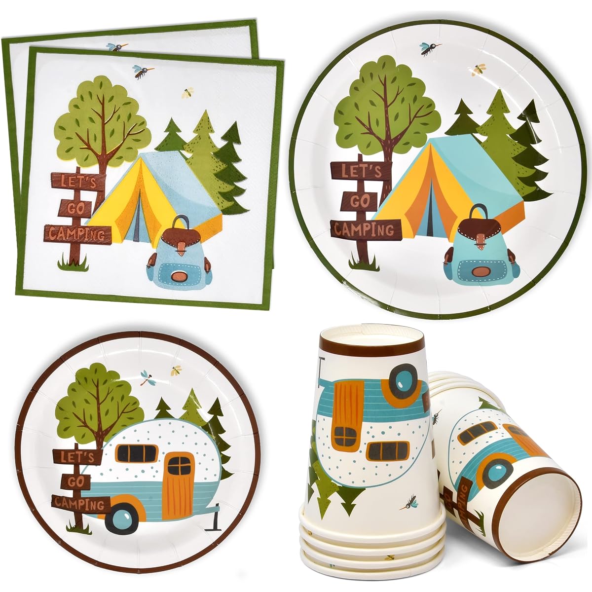 Camping Adventure Party Supplies Tableware Set 24 9" Dinner Plates 24 7" Plates 24 9oz Cups 24 Lunch Napkins Camping Out Campfire Forest Nature Hiking Camper Birthday Disposable Tableware Paper Goods