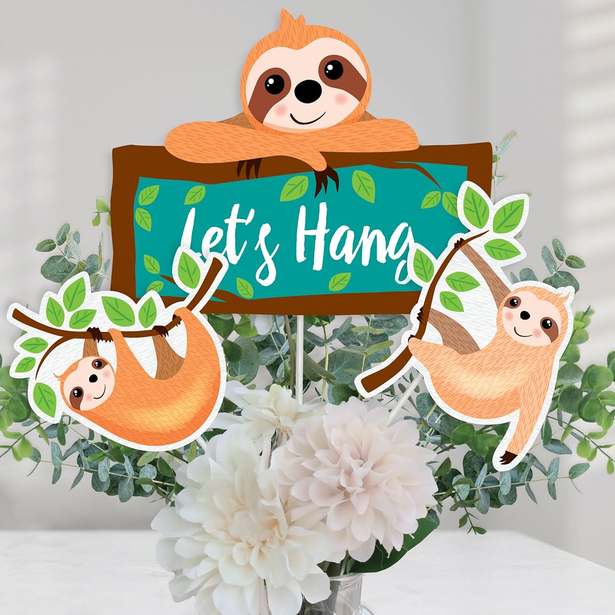 Let's Hang - Sloth - Baby Shower or Birthday Party Centerpiece Sticks - Table Toppers - Set of 15