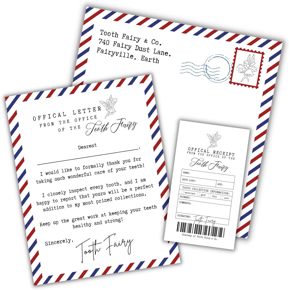 Tooth Fairy Letter Paper Receipt Envelopes and Cards, Lost Tooth Chart, Add Gold Coins Under Kids' Pillows | 60 Packs, 20 of Each Item | Tooth Keepsakes for Boys and Girls, Gender Neutral