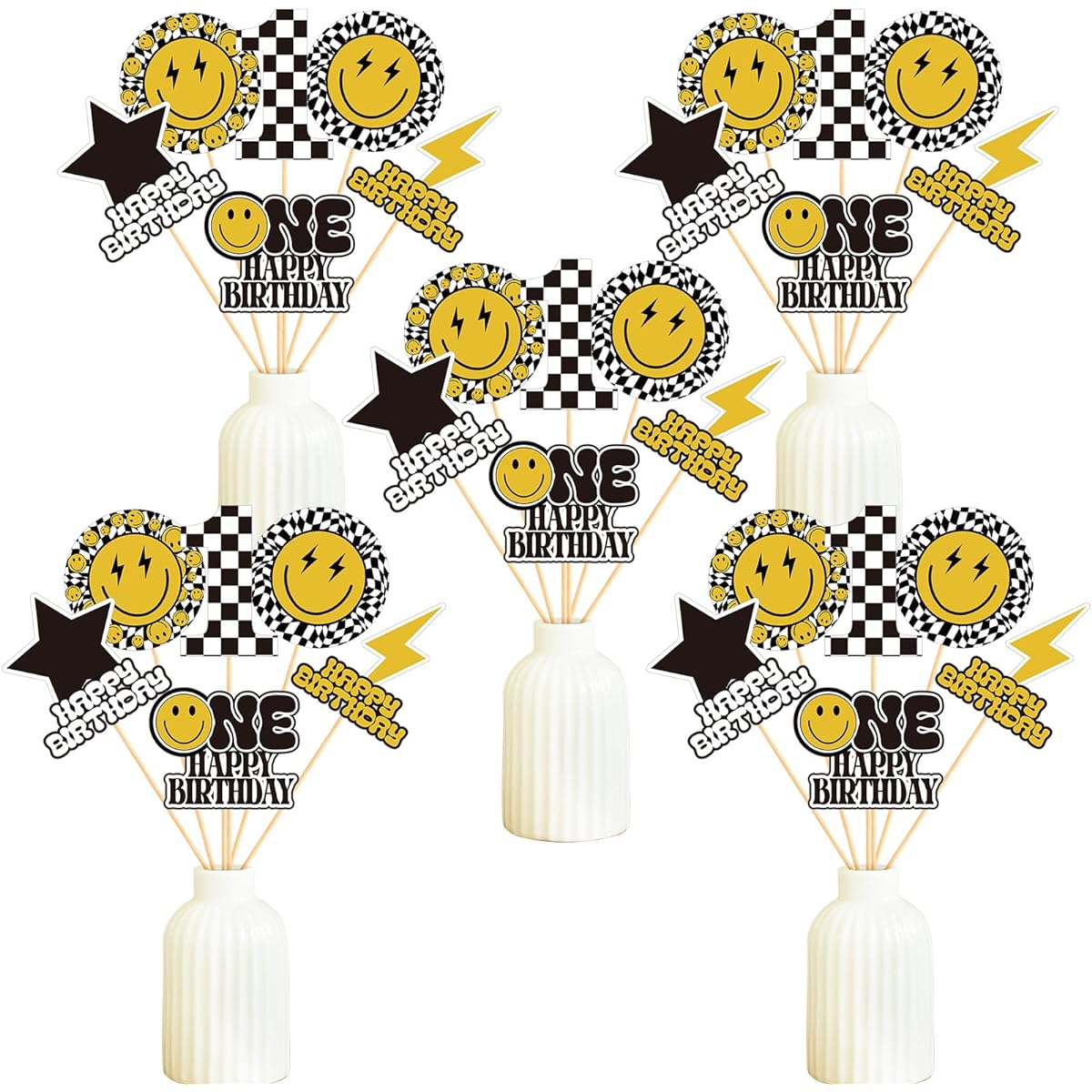 Ctosree 30pcs Happy Dude Birthday Party Centerpiece Sticks Smile Face Birthday Table Toppers Happy Birthday Table Centerpieces Hippie Groovy First Birthday Party Decorations for Kids Birthday