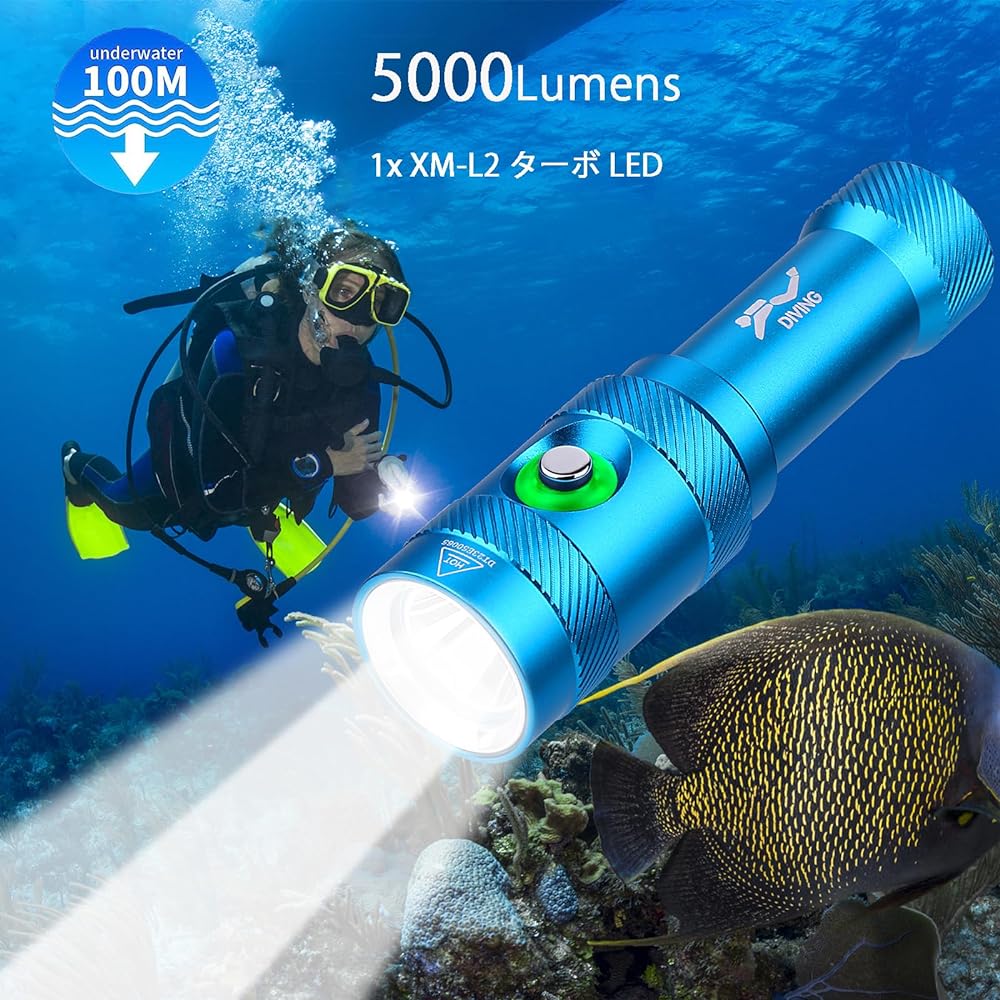 Diving light, 3 lighting modes, underwater light, high brightness, 5000 lumens, can be used underwater up to 250m, submersible pump, small LED underwater light, power indicator, for outdoor use, for fishing/climbing/camping/disaster prevention/power outa