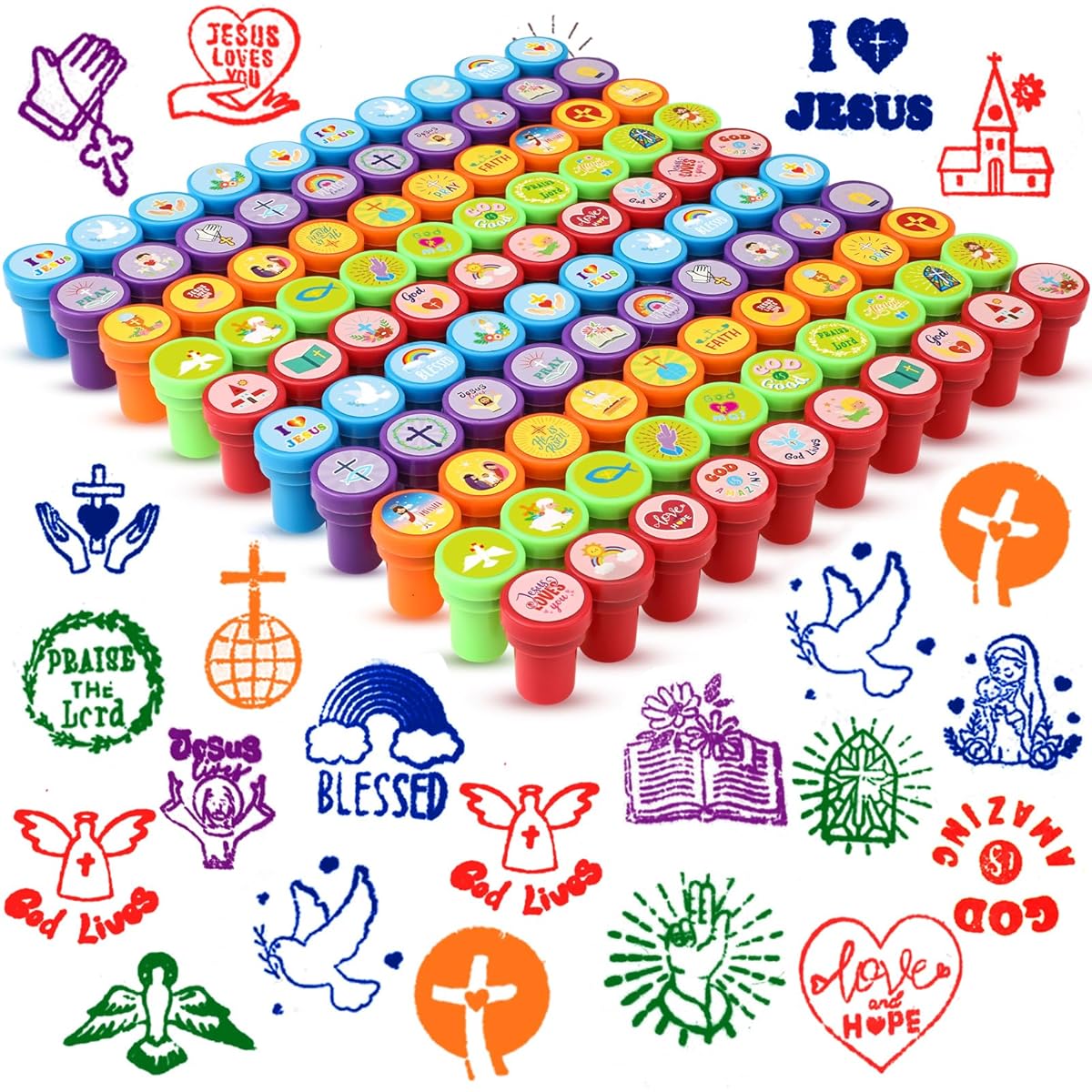 Ctosree 50pcs Religious Assorted Stamps for Kids Self Inking Stamps Religious Christian Stamp Set for Kids Mini Stamps Religious Party Favors Vacation Bible School Sunday Church Rewards School Prizes