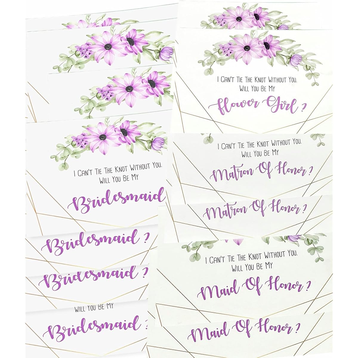 Will You Be My Bridesmaid 16 Cards with Matching Size White Envelopes for 10 Bridesmaids, 2 Matron of Honor, 2 Maid of Honor & 2 Flower Girls Card for Bride to Help Tie The Know. (Purple)