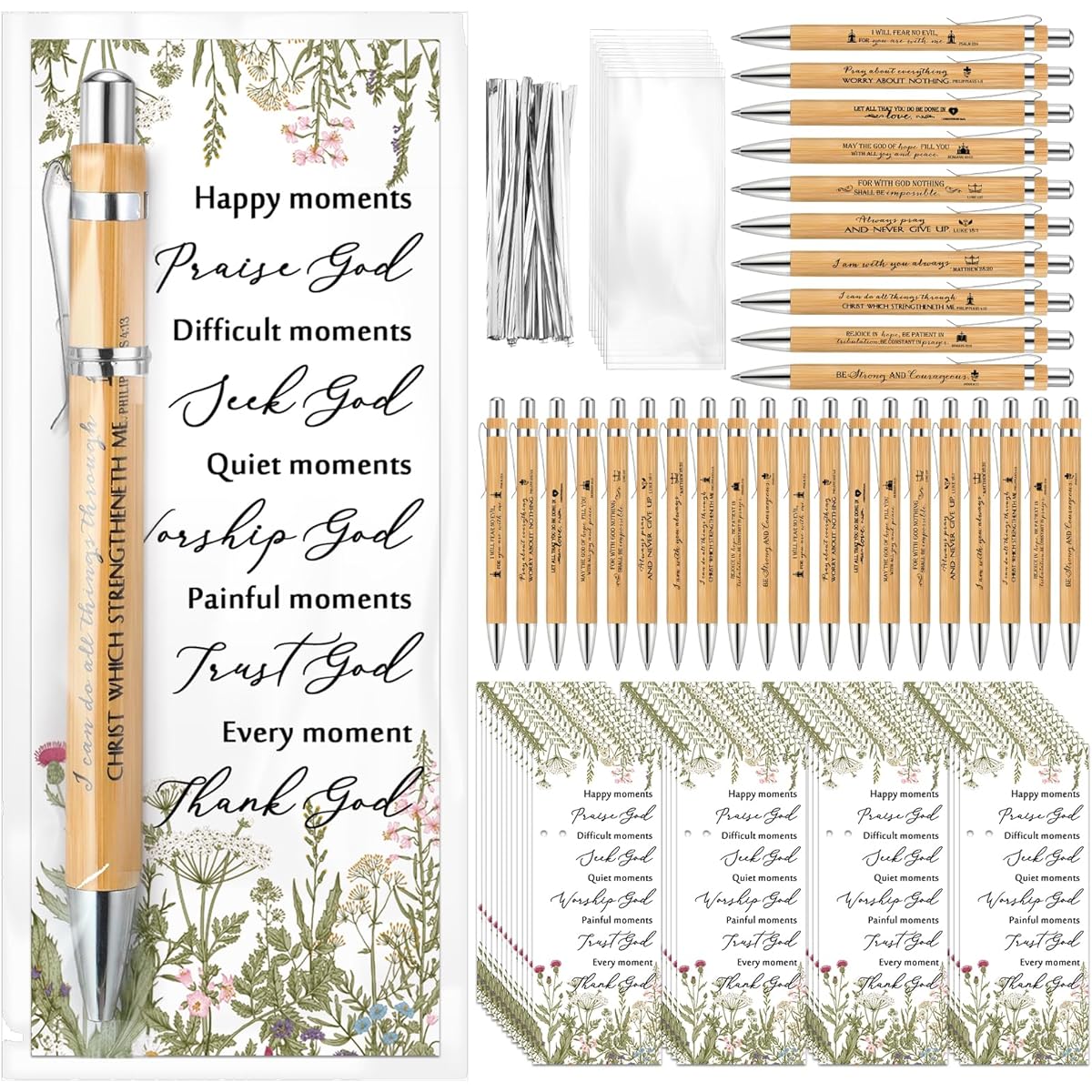 Chivertion Christian Religious Gifts Bulk Bible Verse Bamboo Pen Inspirational Bookmarks Bible Religious Bible Gifts Graduation Gifts Father's Day Church Gifts (50 Sets)