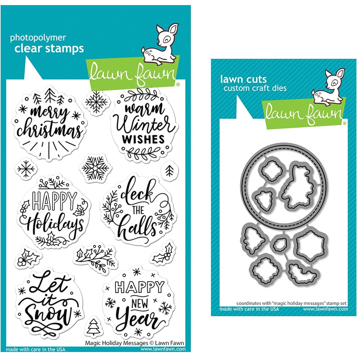 Lawn Fawn Magic Holiday Messages 4" x 6" Clear Stamp Set and Coordinating Lawn Cut Dies, Set of 2 (LF2676, LF2677)