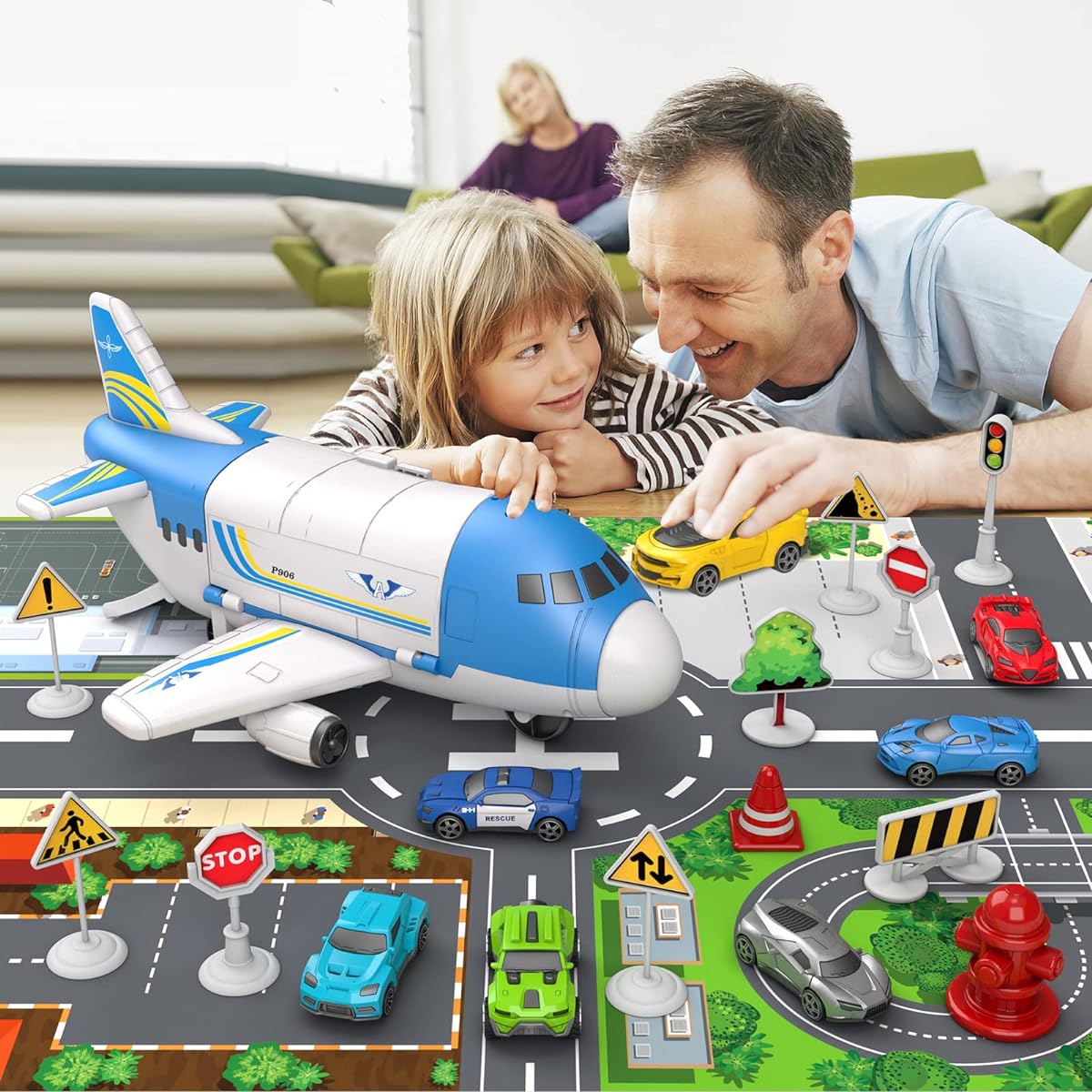 Aomola Airplane Toys for Toddlers 4-7 Years Large Transport Cargo Plane with 9 Mini Race Car Helicopters Airplane Set Birthday Gift for Boys Girls 2 3 4 5 Years Old (Map Included)