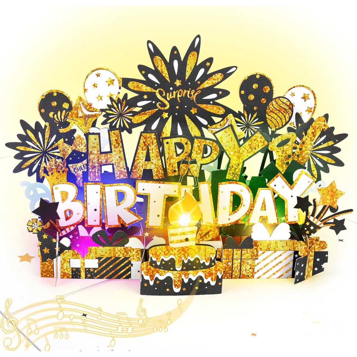 BYKOOO Birthday Card | Musical Pop Up Birthday Card with Light | LED Light Candle & Play Happy Birthday Music Pop Up Card | Greeting Card Gift for Him or Her | Black Gold (Blowable Candle)