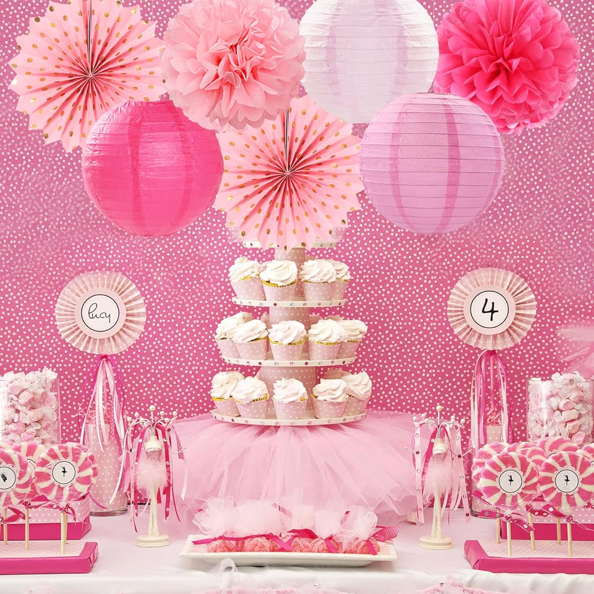 Rose Hot Pink Party Decorations Streamers - 14 Pieces Girls Birthday Baby Shower Paper Lantern Fan Tissue Pom Poms Honeycomb Balls Bachelorette Bridal Wedding Engagement Supplies Decor Long Lasting Surprise