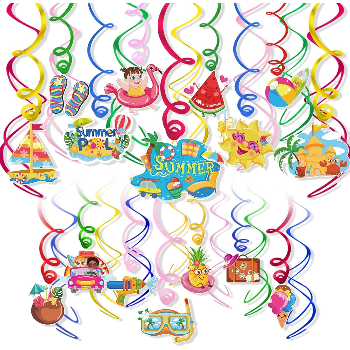 HOWAF 30 Pieces Summer Party Hanging Swirl Decorations Tropical Pineapple Ice Cream Foil Ceiling Swirl Kids Birthday Baby Shower Decorations Hawaiian Spiral Streamer Summer Pool Tiki Party Supplies