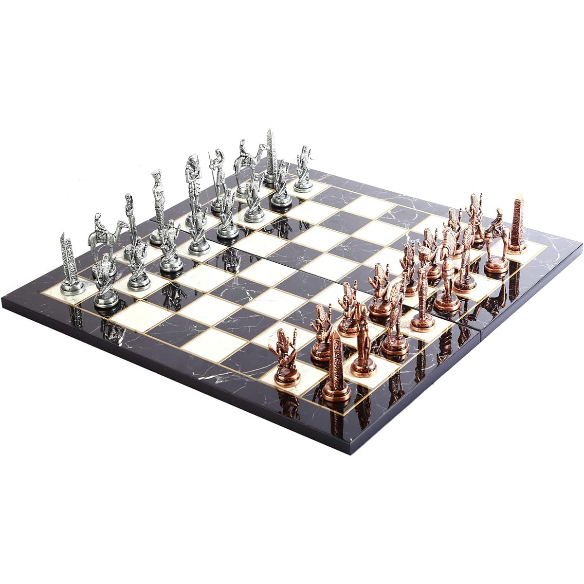 GiftHome Ancient Egypt Pharaoh Antique Copper Figure Metal Chess Set for Adults Handmade Pieces Marble Design Wooden Chess Board King 3.4 Inch