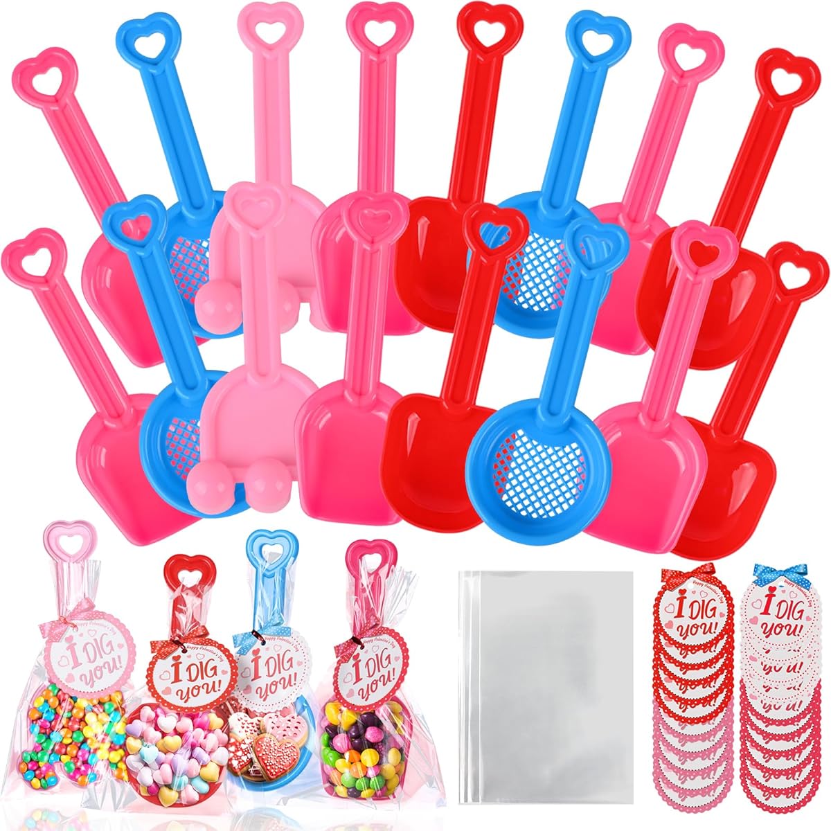 POPGIFTU Kids Valentine's Day Cards with Toys, Plastic Shovel and Candy Bag, 28 I DIG YOU Cards, 28 Valentine Plastic Shovels, Valentine Party Favors, Classroom Exchange Prizes